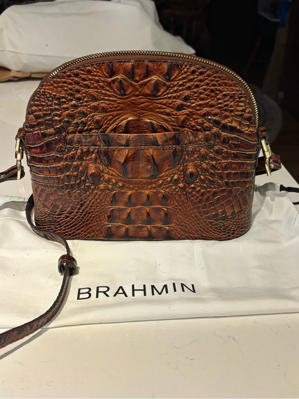 Brahmin Cognac Croc-Embossed Leather Dome Crossbody